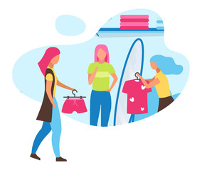 Shopping with friends flat concept icon Choosing clothes with assistant. Fashion mall, boutique. Trying on outfits at clothing store sticker, clipart. Isolated cartoon illustration on white background