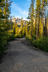 Hiking path around Stanley Lake Idaho during sunrise