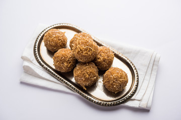 Jaggery coconut Laddoo / Nariyal gur ke laddu, indian sweet food for festivals like rakshabandhan/rakhi pournima