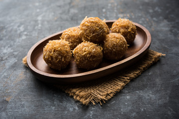 Jaggery coconut Laddoo / Nariyal gur ke laddu, indian sweet food for festivals like rakshabandhan/rakhi pournima