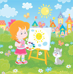 Cute happily smiling little girl drawing the sun and clouds with paints on her easel in a green summer park of a pretty small town on a wonderful sunny day, vector illustration in a cartoon style