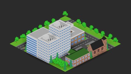 3d isometric three-dimensional view of the city, building, car, park, industrial.