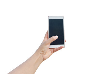 Woman Hand holding smart phone blank screen. Copy space. Hand holding smartphone isolated on white background with clipping path.