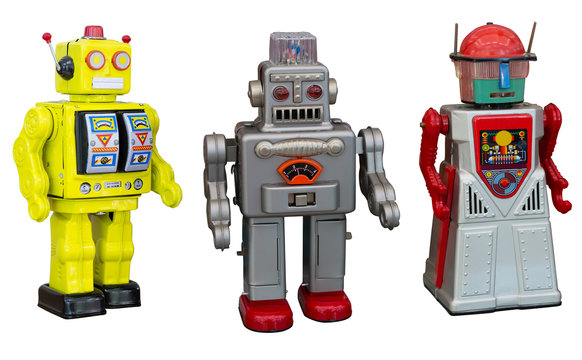 old classic tin robot toys isolated