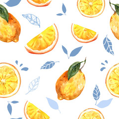 Pattern design with lemon and leaves theme on white background watercolor illustration template.