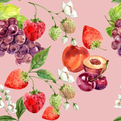 Pattern design with grape, strawberry and cherry, seamless pink background illustration template