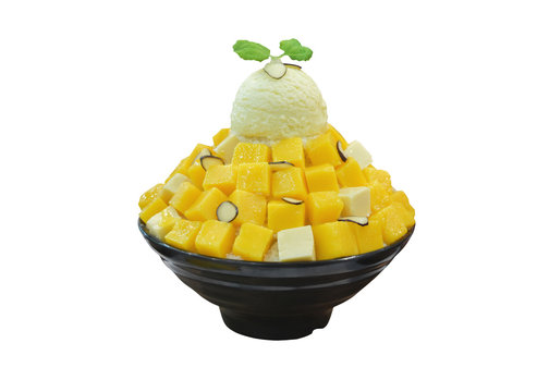 Korean shaved ice cream dessert with sweet toppings, Mango Bingsu or Bingsoo with fresh milk and whipping cream in korea style on cup.