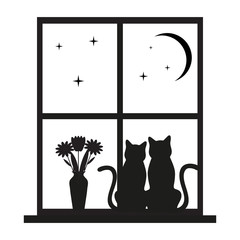 two cats in a window on a background of the starry sky