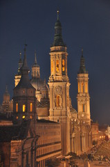 View on baroque Nuestra Señora del Pilar basilica in Zaragoza by night