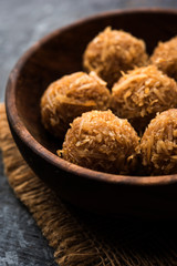 Jaggery coconut Laddoo / Nariyal gur ke laddu, indian sweet food for festivals like rakshabandhan/rakhi pournima