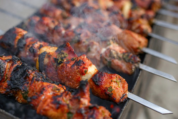 Fresh, home-cooked on the grill fire meat beef shish kebab with vegetables and spices on the grill with smoke