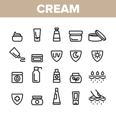 Collection Healthy Cream Elements Vector Icons Set Thin Line. Healthcare Cream In Tube And Container Concept Linear Pictograms. Day And Night Skin Protection Monochrome Contour Illustrations