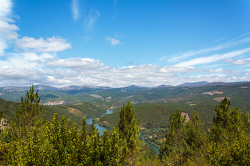 River zigzag andblandscape with mountains and pine forest surrounding