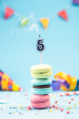 Fifth 5th Birthday Card with Candle Blown Out in Colorful Macaroons and Sprinkles. Card Mockup.