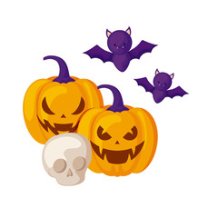 halloween pumpkins with skull and bats flying