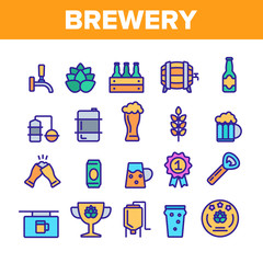Collection Beer Brewery Elements Vector Icons Set Thin Line. Alcohol Foam Drink Brewery Concept Linear Pictograms. Barrel And Bottle, Faucet And Keg Monochrome Contour Illustrations