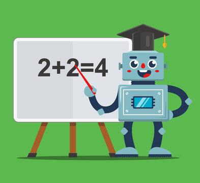 Robot teacher teaches children in the classroom. school of the future. flat illustration.