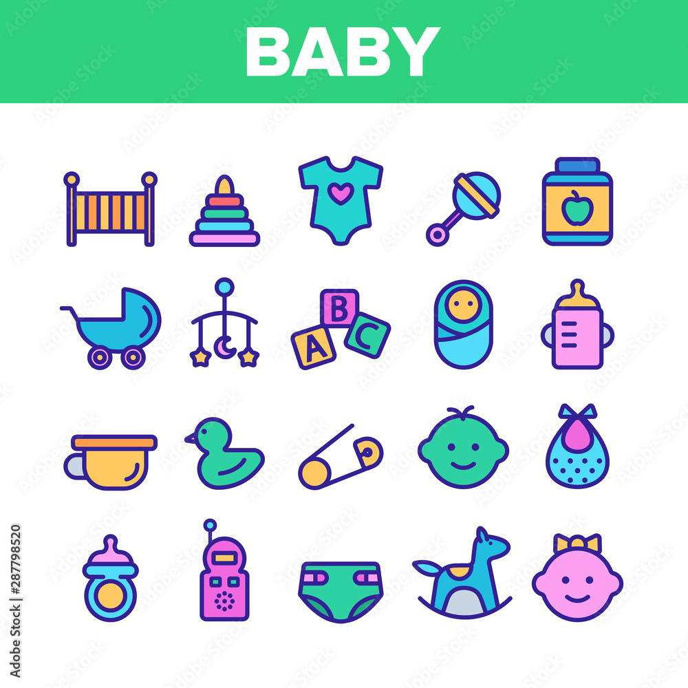 Wall mural Collection Baby Toys And Elements Vector Icons Set Thin Line. Character Male And Female Baby Infant, Pacifier And Carriage Concept Linear Pictograms. Monochrome Contour Illustrations