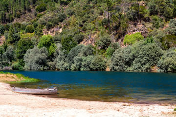 Wooden boat, blue water and trees. River beach landscape