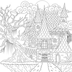 Drawing medieval haunted house, happy Halloween theme, for printing, coloring book and so on. Vector illustration