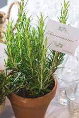 Beautiful composition with flowers on the tables and candles for guests at a wedding or a birthday party