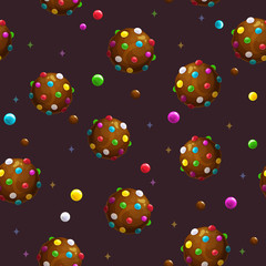 Seamless pattern with cartoon round colorful chocolate candies.