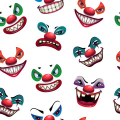 Seamless pattern with scary clown faces on the white background.