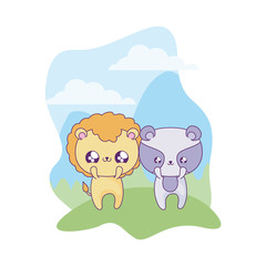 cute lion with raccoon baby animals kawaii