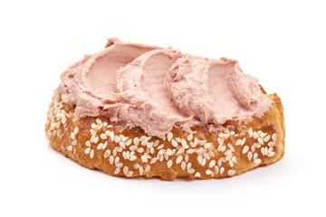 Sandwich with homemade chicken liver pate, isolated on white background