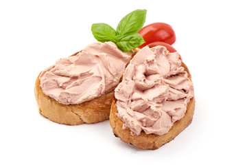 Sandwich with homemade chicken liver pate, isolated on white background