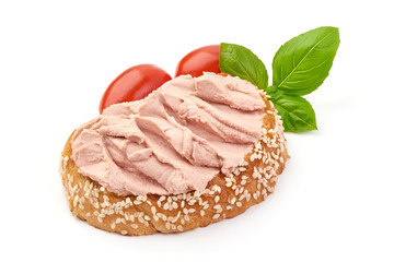 Chicken liver pate sandwich, isolated on white background