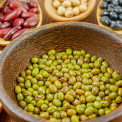 Close up,macro mung beans in  wooden bowl