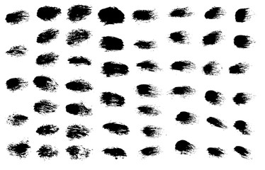 Big set of abstract smears of black ink. Grunge brush strokes. Paintbrush background for text. Vector design elements for banner, badge template, frame, pattern. Distress texture isolated on white