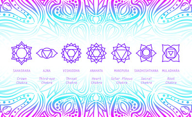 Basic human chakra system. 7 chakras. Set of seven chakra symbols of human body. Root, Navel, Solar plexus, Heart, Throat, Third eye, Crown