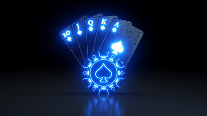 Online Casino Royal Flush in Spades Poker Cards With Neon Lights Isolated On The Black Background - 3D Illustration - obrazy, fototapety, plakaty