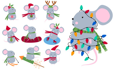 Mouse, Rat horoscope sign. Chinese year of Rat 2020. Mouse Happy New Year. Big Christmas set. Concept image of symbol chinese happy new year 2020