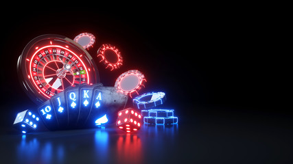 Online Casino Chips and Poker Cards Flush Royal In Spades Gambling Concept - 3D Illustration - obrazy, fototapety, plakaty