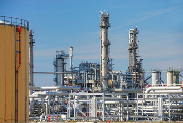 Pipelines, tanks and cooling towers of an oil refinery