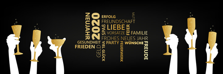 W&uuml;nsche und Vors&auml;tze Banner Jahr 2020 Sektgl&auml;ser H&auml;nde