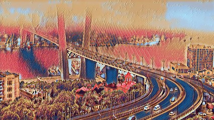 Panele Szklane  Obraz komputerowy mostu samochodowego i portu morskiego