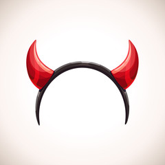 Red devil horns, head band decor. Vector Halloween costume element.