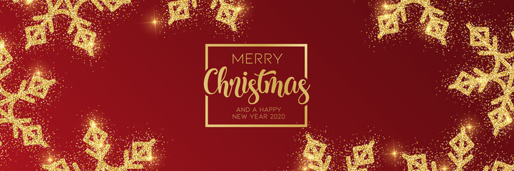 Weihnachtsbanner rot mit goldenen Schneeflocken