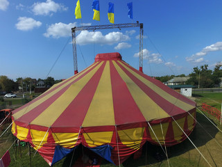 Touring Shapito circus tent dome in the saburb. (drone image). Near Kiev,Ukraine