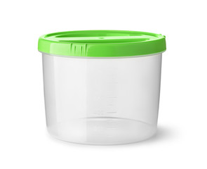 Front view of empty round plastic food container