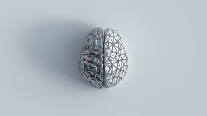 3d render of human brain with reflective metal left side and white poligon grid right side, top view on white background.