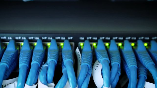 Server rack with blue internet fiber optic cables connected to patch panel in server room.Concept of connecting the signal system Internet.Digital technology.Cyber business.Networking