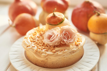 Naked Cake with Apples. Thanksgiving Day table. Happy Halloween Pumpkins, apples and flowers. Bright autumn background. Colorful autumn card. Autumn flower arrangement. Autumn bouquet