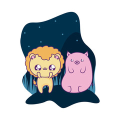 cute lion with piggy baby animals kawaii