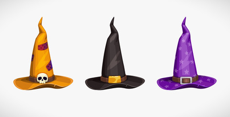 Cartoon witch hat, colorful icons set. Halloween costume element.