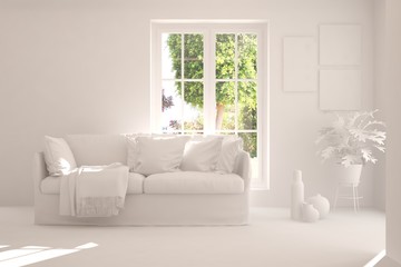 Mock up of stylish room in white color with sofa and green landscape in window. Scandinavian interior design. 3D illustration